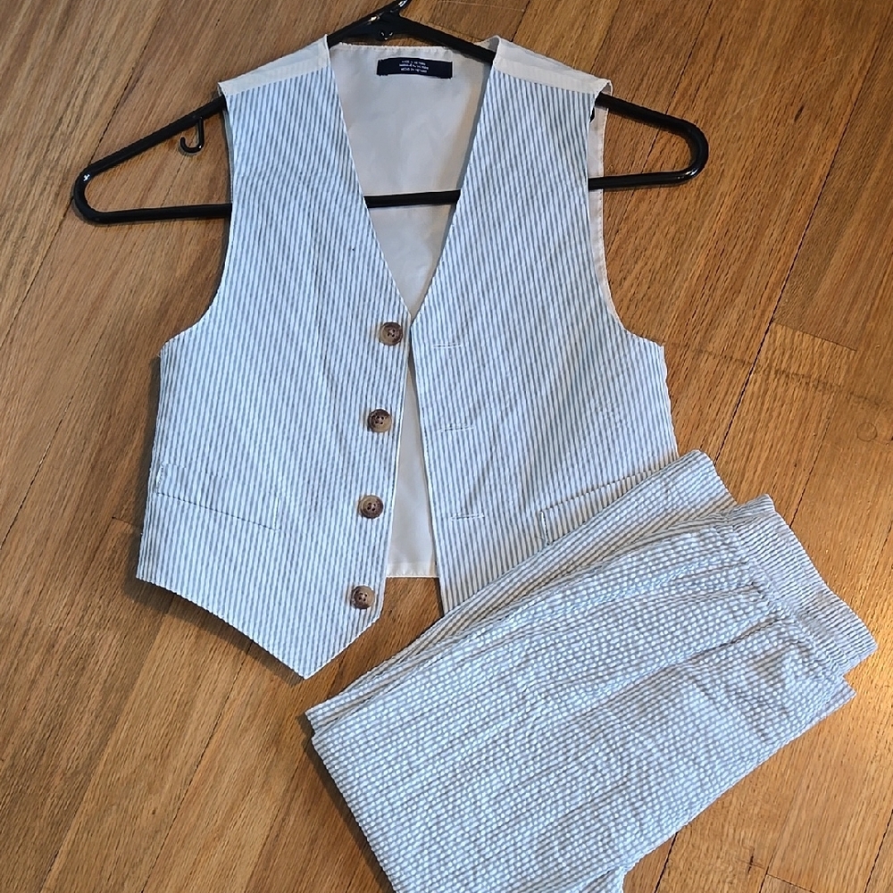 Striped Blue and White Seersucker Boy's Vest and Pants Set